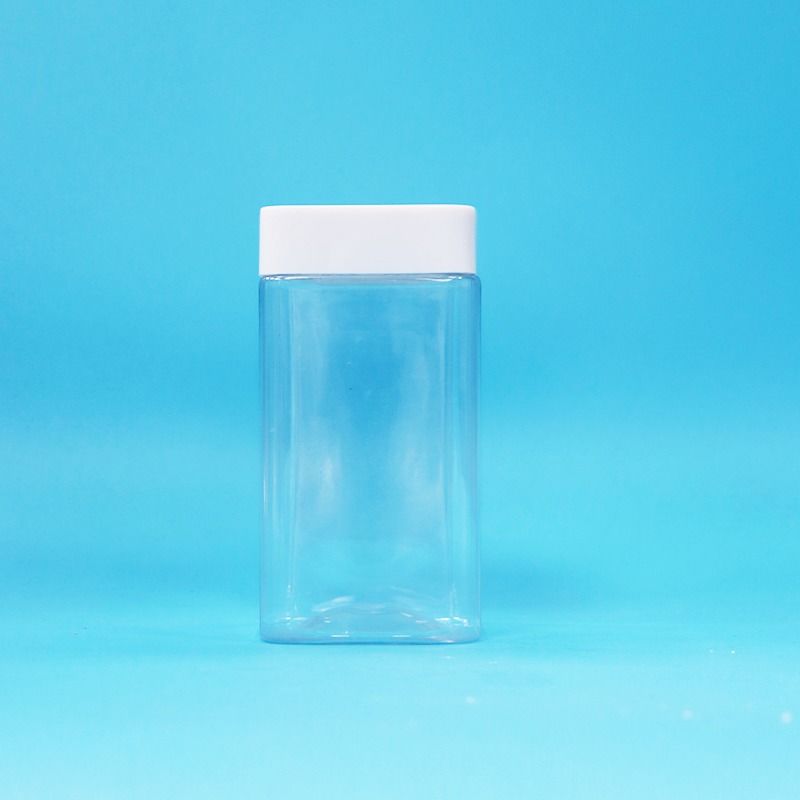 Transparante vierkante lege PET-plastic voedselpot voor snoep, koekjes, jam, witte deksel