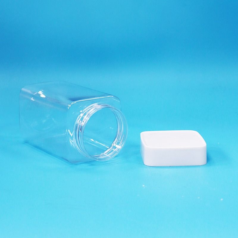Transparante vierkante lege PET-plastic voedselpot voor snoep, koekjes, jam, witte deksel