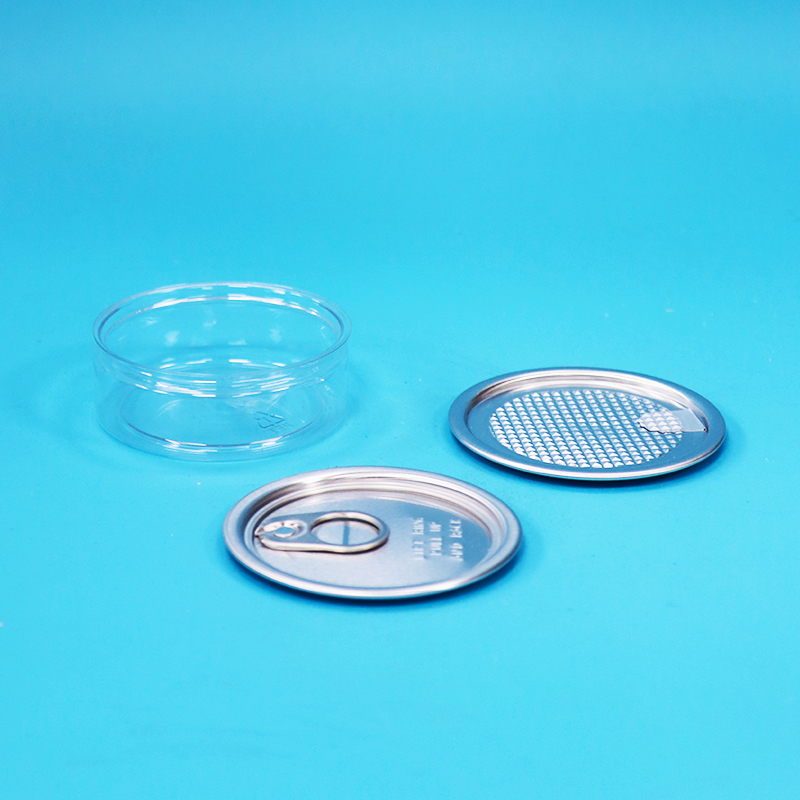 Ronde plastic PET-verpakking met metalen easy-open deksel voor voedsel, snoep, koekjes en snackverpakkingen