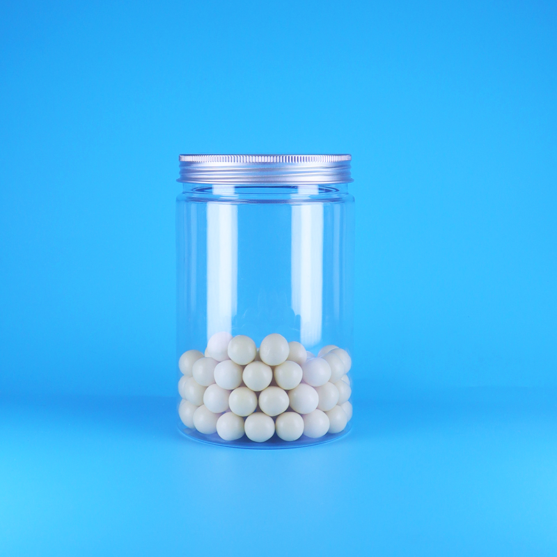 Transparante PET-kunststof babyvoeding snoepgoed hoge ronde pot met brede opening en platte aluminium deksel