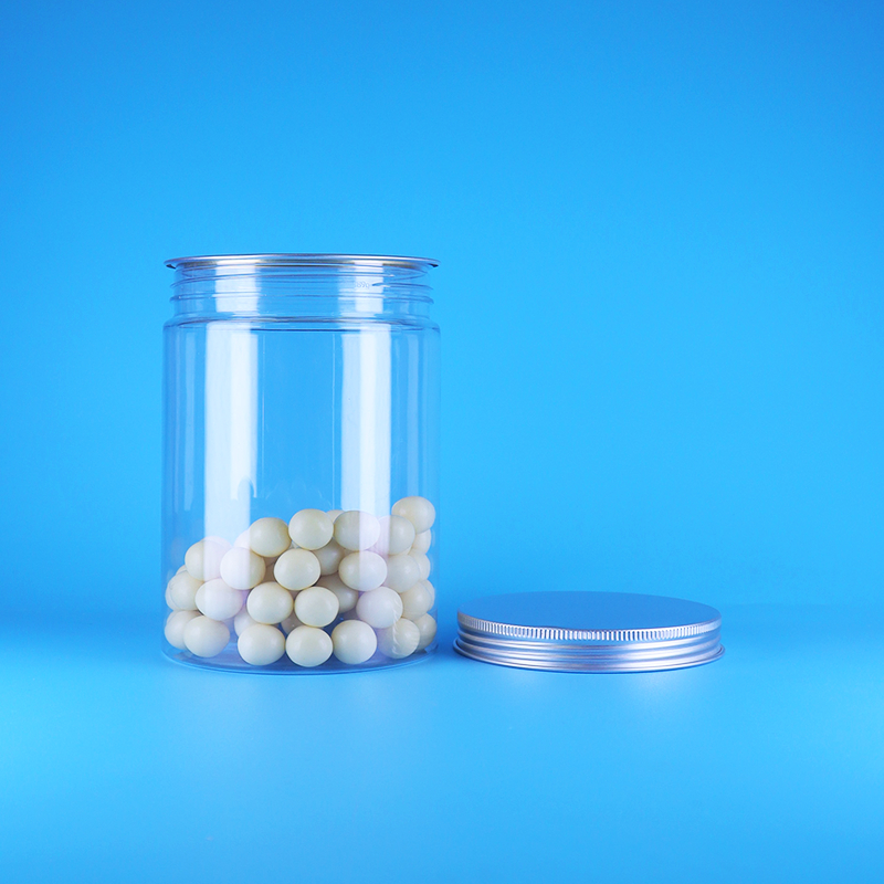 Transparante PET-kunststof babyvoeding snoepgoed hoge ronde pot met brede opening en platte aluminium deksel