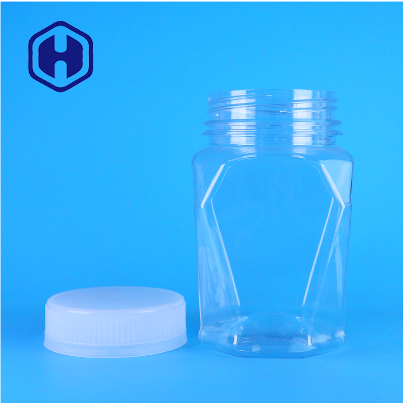 Doorzichtige plastic PET unieke vorm pot schroefdop voor honing huisdiervoedsel OEM Custom voedselopslag