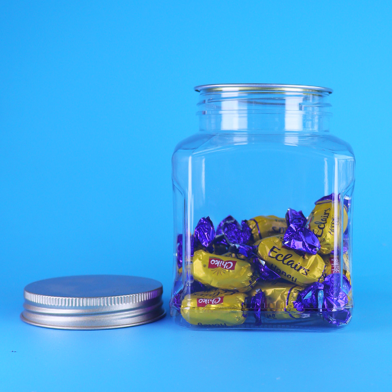 Doorzichtige PET Food Grade aangepaste vierkante plastic koektrommel met aluminium schroefdeksel Groothandel