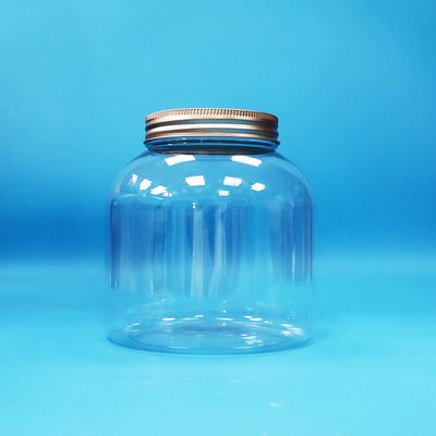 Milieuvriendelijke transparante plastic PET ronde snoepgoed potten met aluminium schroefdeksels