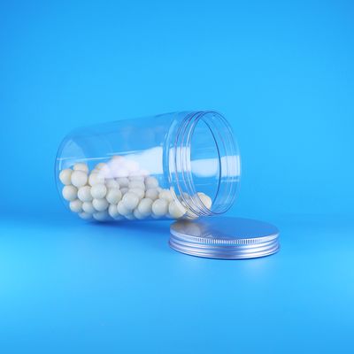 Transparante PET-kunststof babyvoeding snoepgoed hoge ronde pot met brede opening en platte aluminium deksel